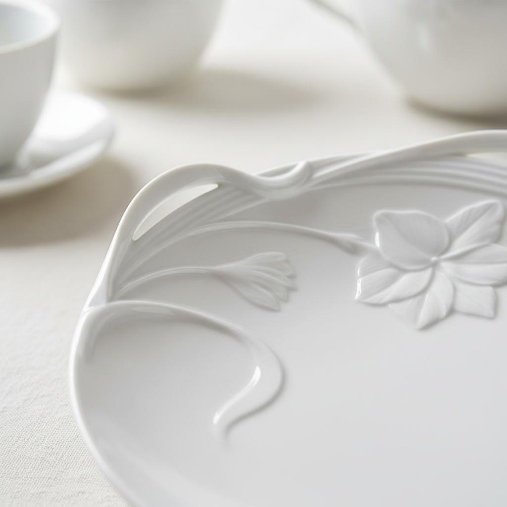 Embossed Flower Plate Set Easy to Clean Floral Ceramic Bowl and Cup Set Floral Relief Dinnerware Non Household Tableware