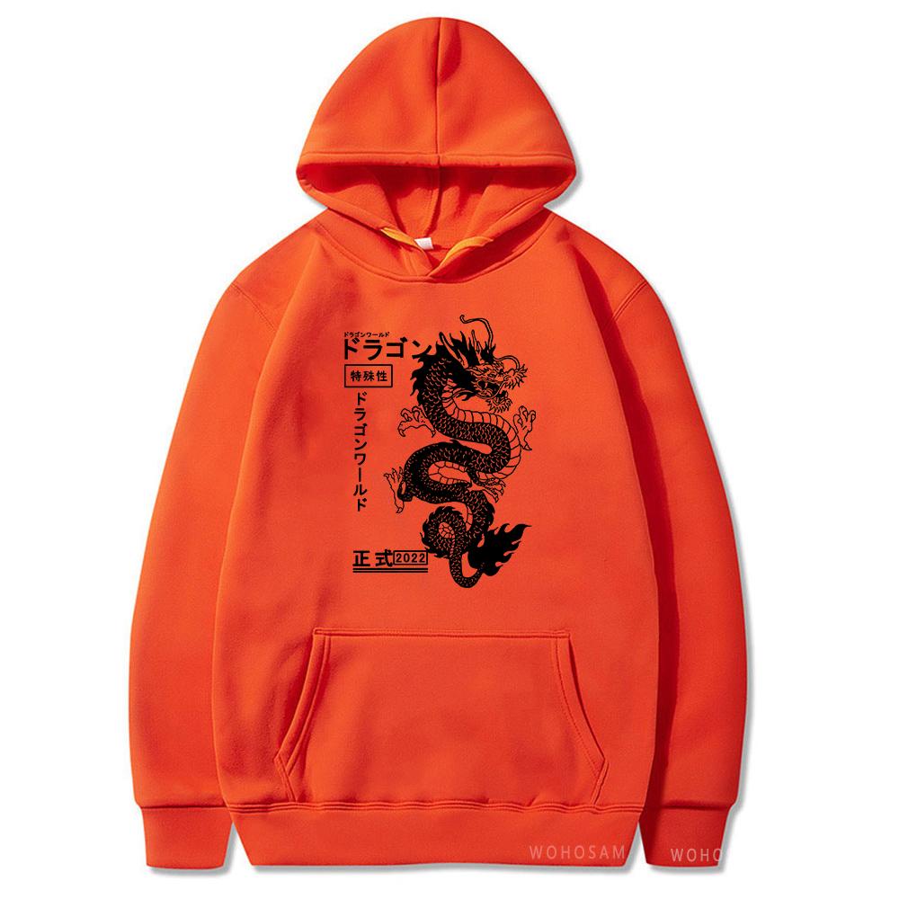 Japanese Letter & Dragon Graphic Drawstring Hoodies Unisex Fashion Casual Oversized Loose Pullover Tops Spring Autumn Black Sweatshirts