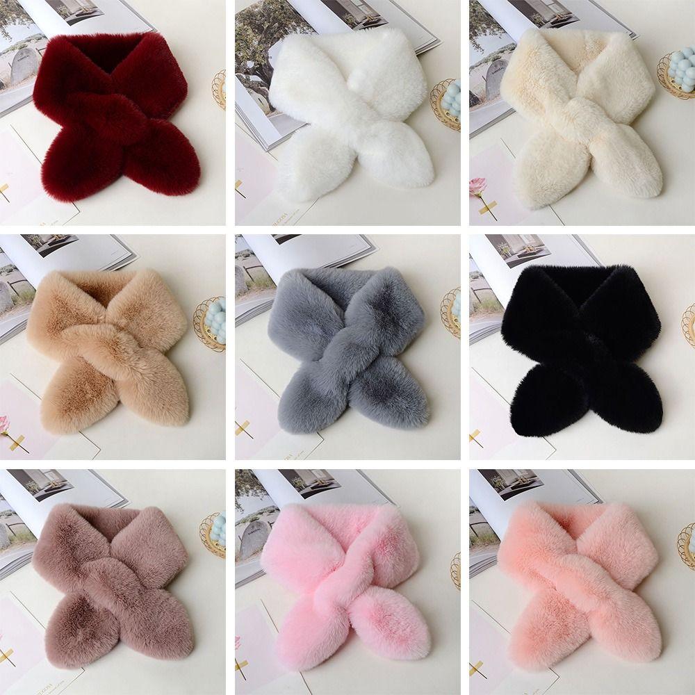 Faux Rabbit Fur Plush Cross Scarf Solid Color Neckerchief Wrap Winter Warm Neck Scarf  Girls