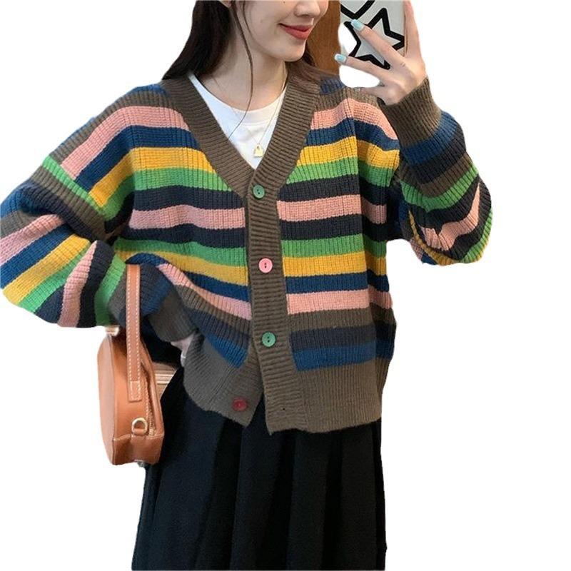 Радужный полосатый свитер женский осенне-зимний свободный жакет дизайн Sense Lazy Wind вязаный кардиган Tide удобный универсальный и модный