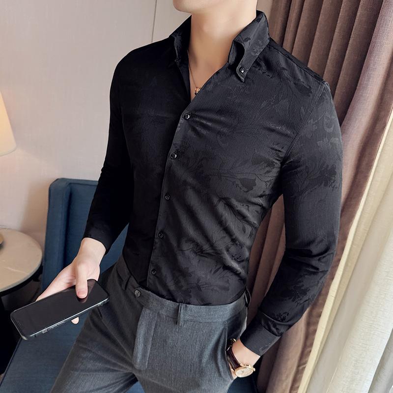 Elegant Print Shirts For Men High Quality Korean Luxury Clothing Fashion Slim Fit Casual Men's Social Shirt Dress V Neck Tuxedo