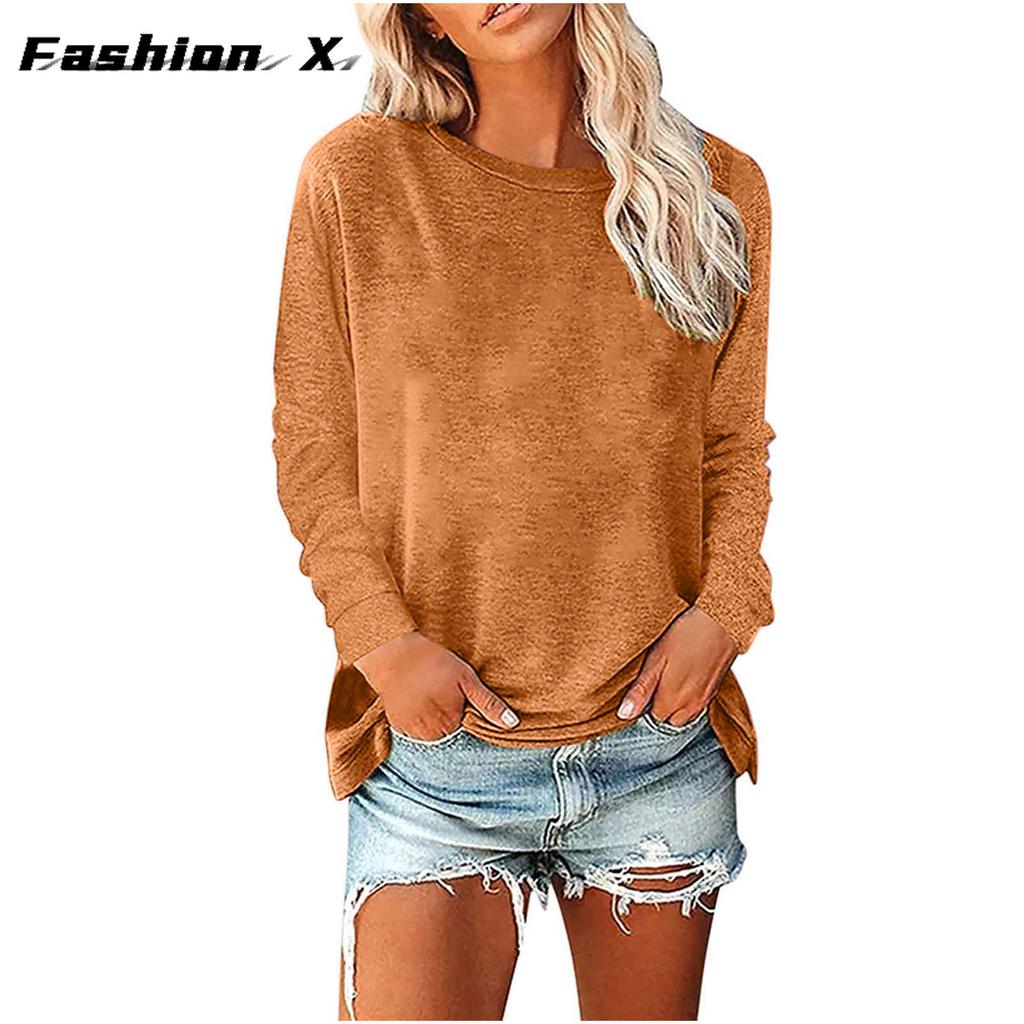 Женский свободный пуловер с круглым вырезом, однотонная женская футболка с длинными рукавами, топ