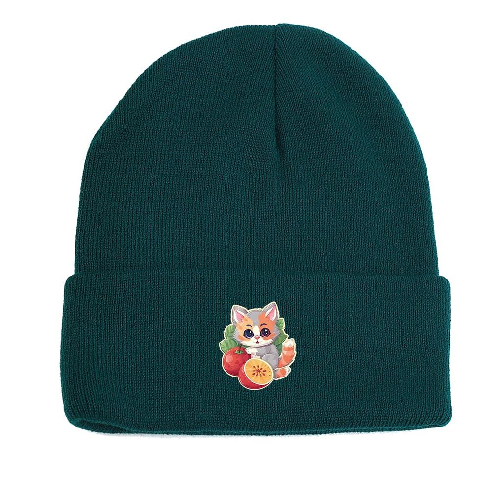 Cat Fruit Print Knitted Hat Beanie, Man Cap Elastic Candy Color Trendy Pompom Beanies Knit Cap Beanie