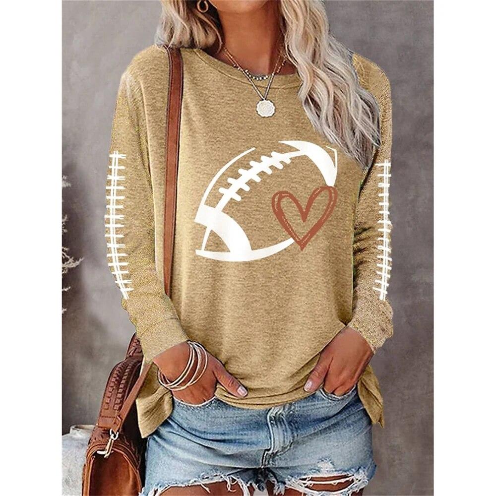 American Football Print Long Sleeve Tops Women Fashion Casual Tees Loose O-Neck T-Shirt Game Day Ladies Clothing