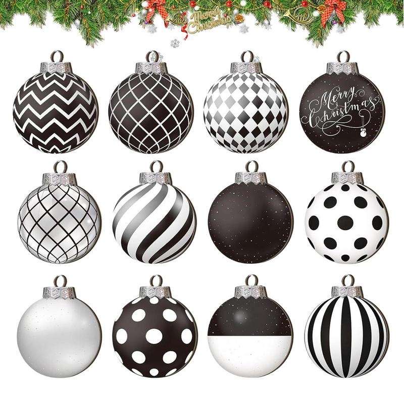 12pcs 8cm Christmas Balls Ornaments Funny Wooden Shatterproof Christmas Tree Decorations Black White Ball Christmas Decor
