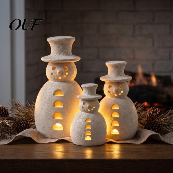 Indoor Winter Christmas Decorations Snowman Decorative Light, LED Light-up Hollow Figurine, Battery Operated Statue Resin Night Lamp for Holiday Party