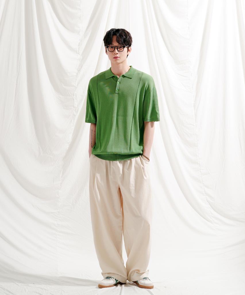 JEMUT Epic Like Linen Short Sleeve Collared Knit Green Sokn2562