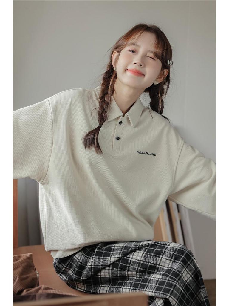 Ретро Толстовка-поло свободного кроя - Повседневный топ с длинным рукавом