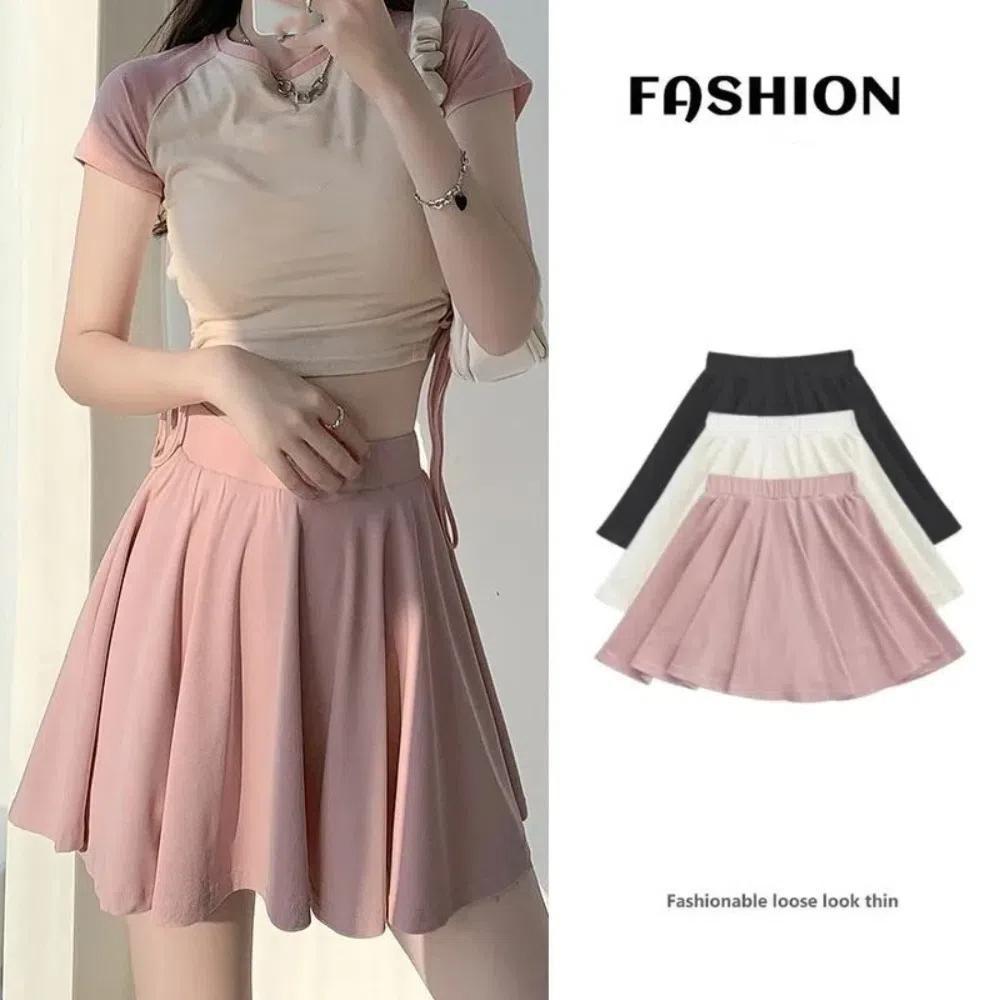 Ice Silk Skirts with Safty Pants Straight A-line Mini Skirt Simple Pleated Skirts Women Female