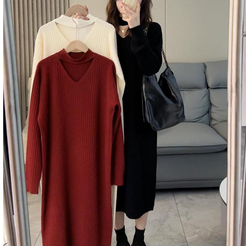 Высококачественное одинаковое пальто, вязаное длинное платье-свитер, женское осенне-зимнее свободное однотонное платье-свитер с v-образным вырезом, нишевое платье, пуловер, женский
