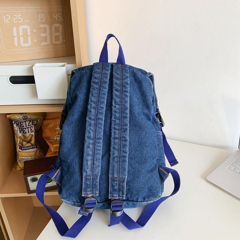 Solid Color Women Denim Backpack College Style Student Backpack Men Travel Bag