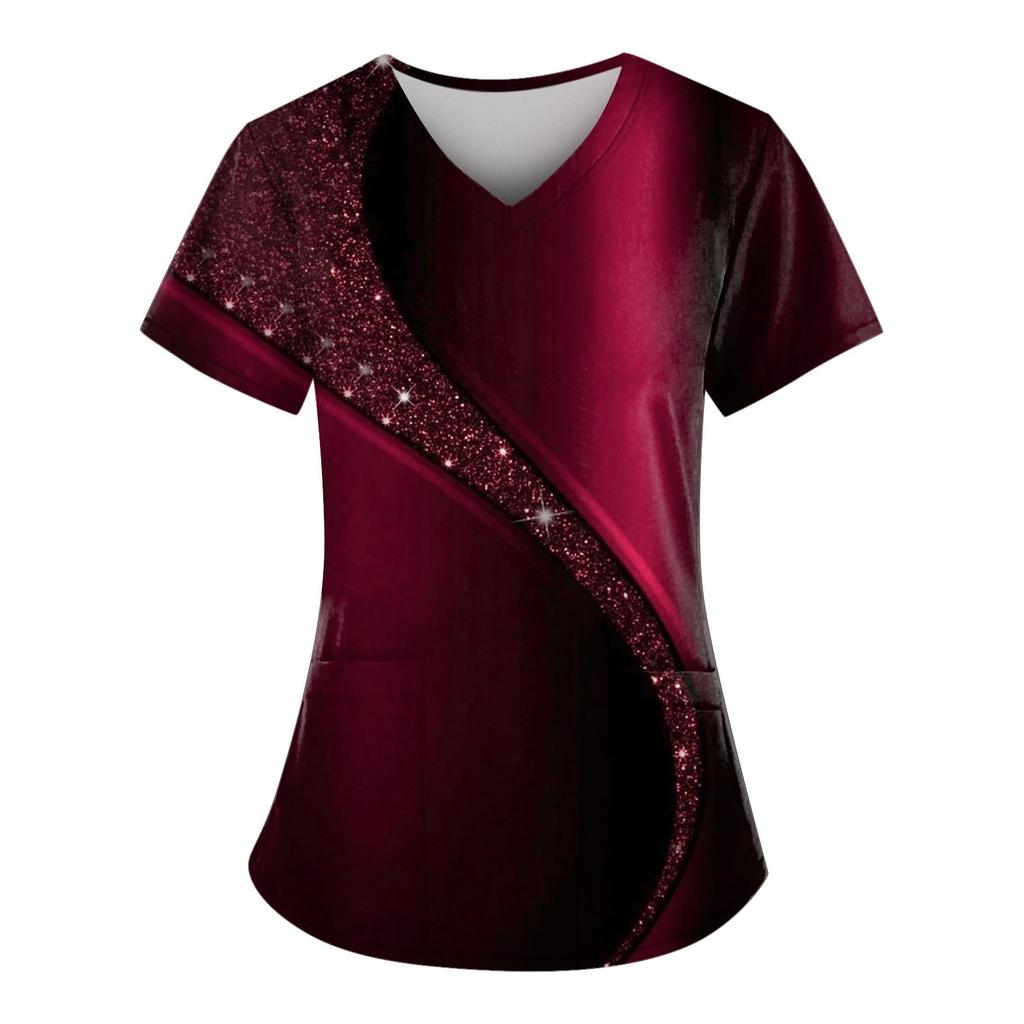 Рабочая форма больших размеров с принтом, топы для женщин, забавные футболки с v-образным вырезом и короткими рукавами, рабочая одежда, футболка с карманами