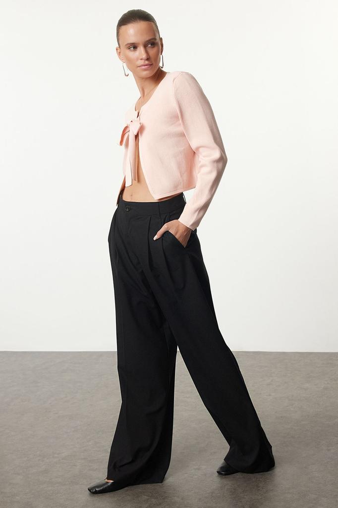 Women's Fashion Stylish Cardigan Powder Crop Ribbon Bow Detailed Knitwear Cardigan