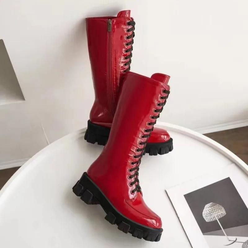 Fashion New Black Red Cross Strap Thick Soled Height Increasing Long Boots Autumn Winter Fashion Plush Warm Women Knee High Boots 34-43