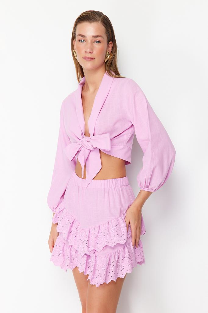 Women's Fashion New Skirt Pink Mini Woven Embroidery Detailed Skirt