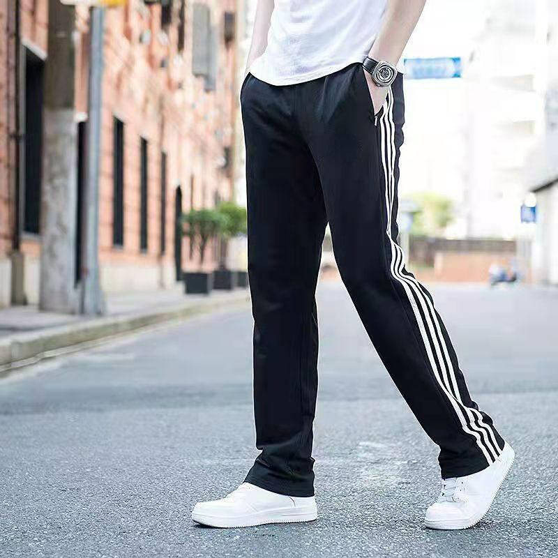 Весенне-осенние толстые спортивные брюки, мужские брюки из хлопка с тремя полосками, свободные повседневные прямые брюки для бега, спортивные штаны