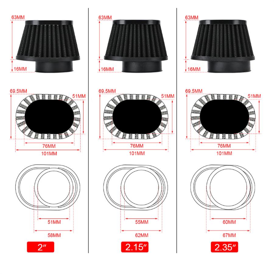 2 шт. Мотоциклетный воздушный фильтр 2,35" 60 мм Универсальный для мотоцикла, автомобиля, Впуск холодного воздуха, Высокопоточный конусный фильтр, Грибовидная головка