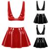 Women 2Pcs Patent Leather Sexy Bra Top with Flared Mini Skirts Sets Rave Dance Party Clubwear