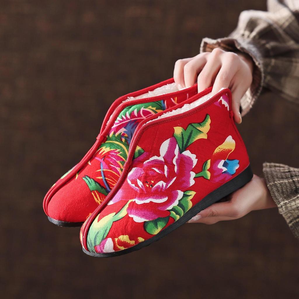 Ботинки из хлопка с цветочным узором на северо-востоке: Стиль осень/зима, удобная бархатная подкладка, нескользящая, мягкая подошва, ручная работа для людей среднего и пожилого возраста