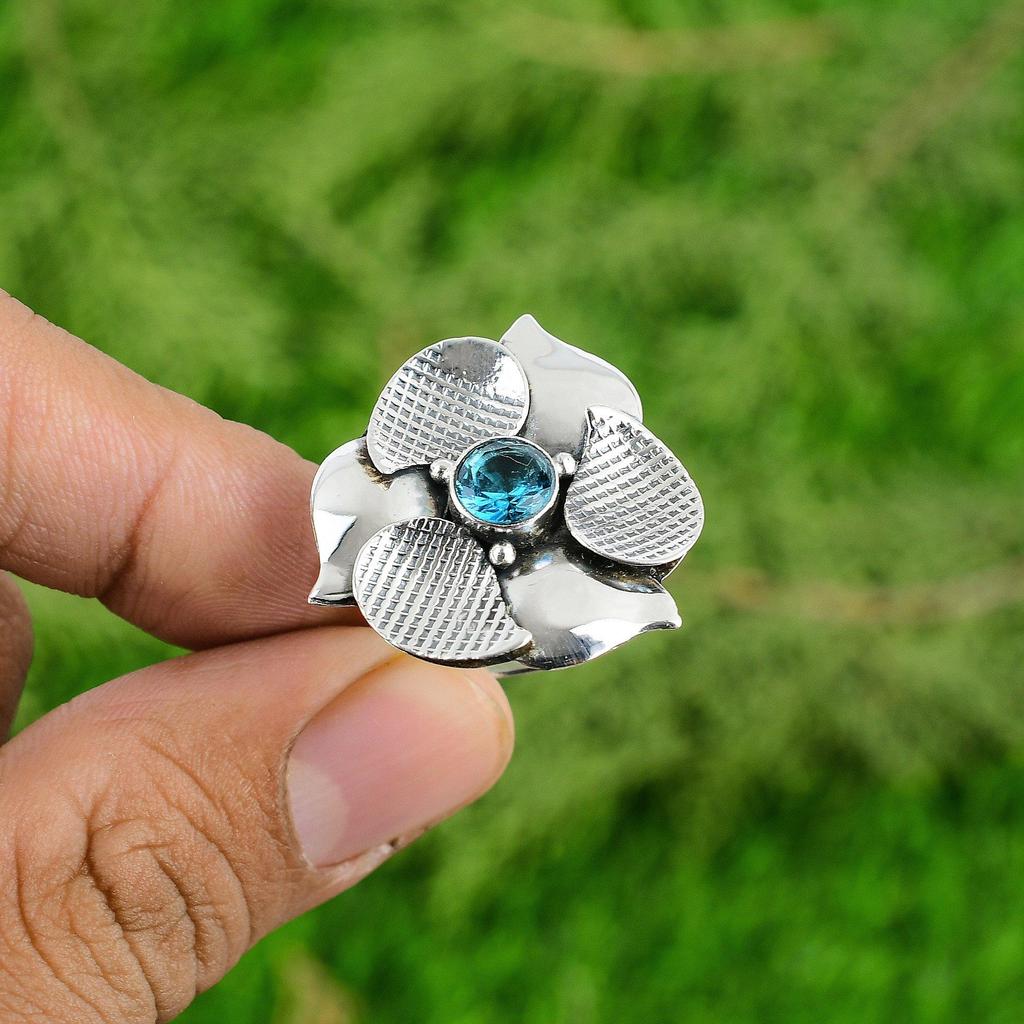 Gift For Her Natural Swiss Blue Topaz Promise Flower Adjustable Ring 925 Silver