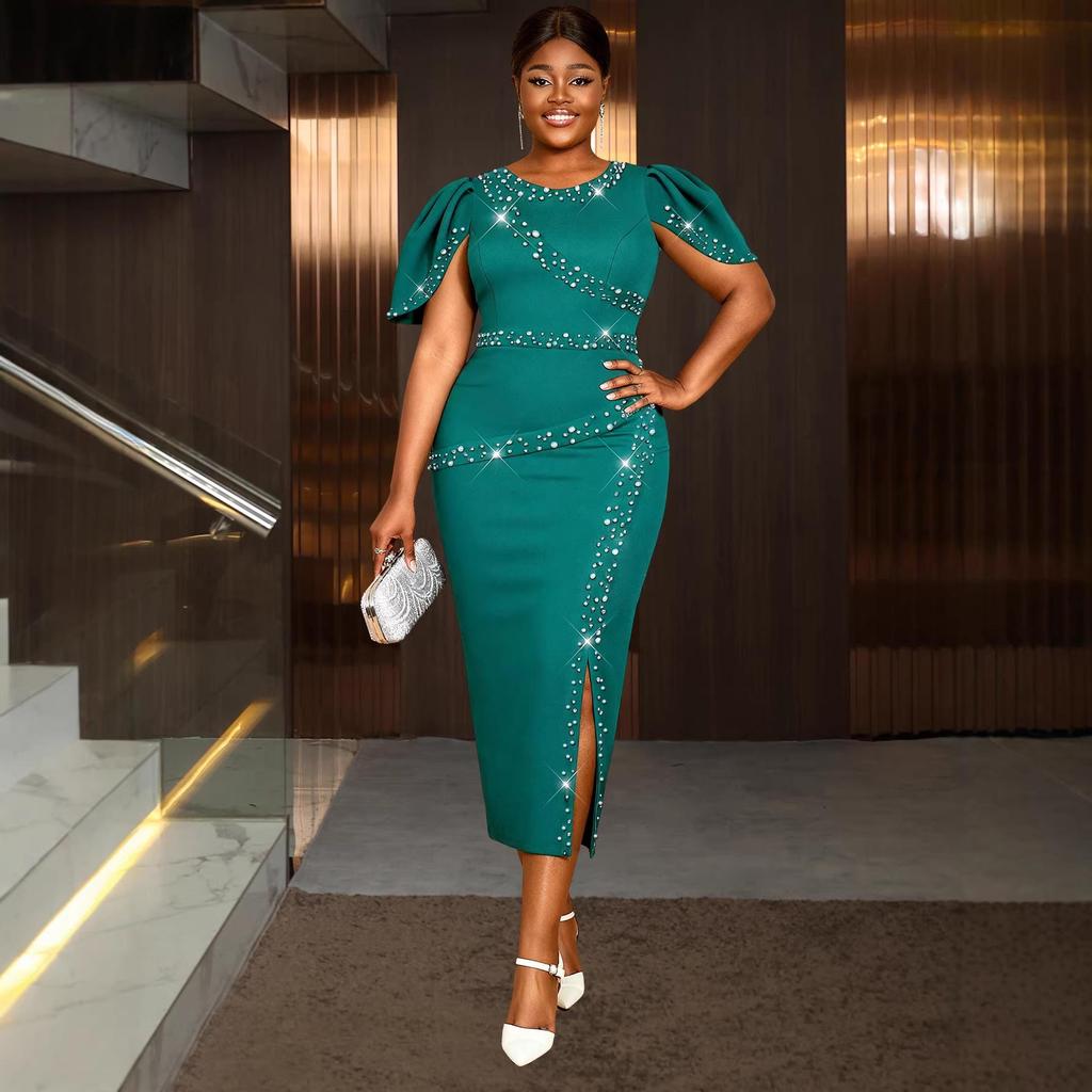 Женское Элегантное Вечернее Платье Большого Размера с Бусинами, Разрезом и Сборками