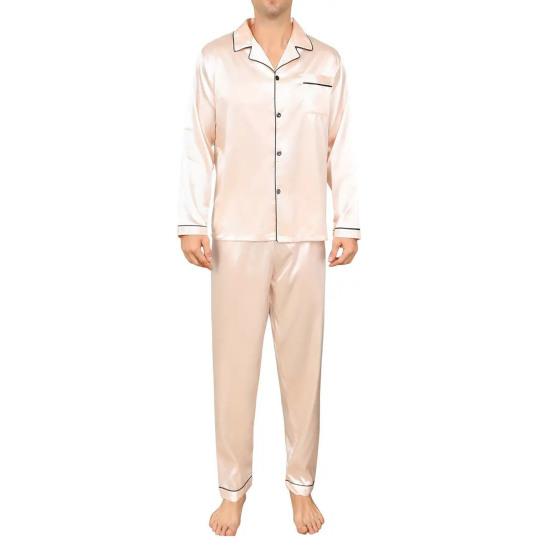 2 шт./компл. Шелковый атласный мужской пижамный комплект с пуговицами, длинный рукав, пижамный топ с воротником-стойкой