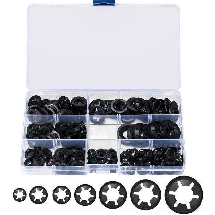 Kit 340 rondelles Starlock noir M3–M12 – rondelles de blocage en acier manganèse 65, boîte de rangement