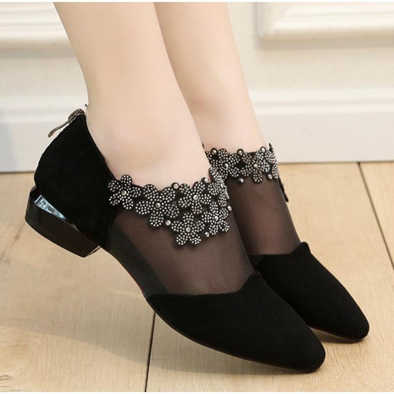 Новые женские сандалии 2025 со стразами Женские сандалии с цветами на низком каблуке Женские сетчатые сандалии больших размеров Sandalias Mujer