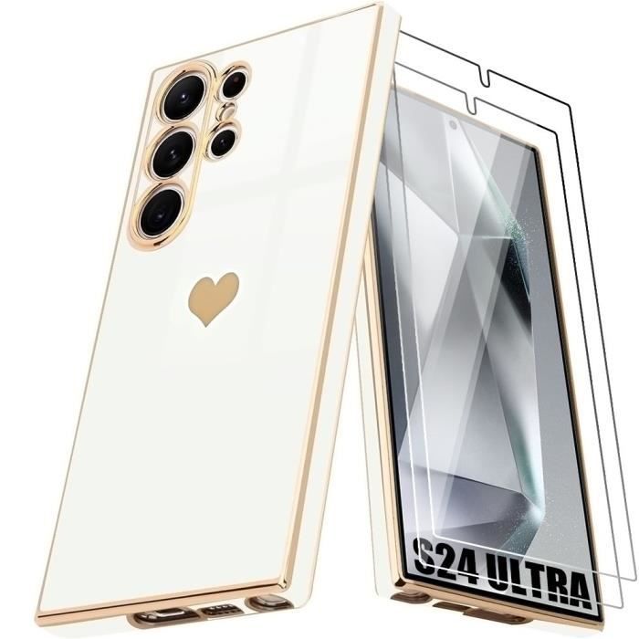 Silicone Case - BOOLING - for Samsung Galaxy S24 Ultra - White - Heart Pattern - Flexible TPU with 2 Tempered Glasses