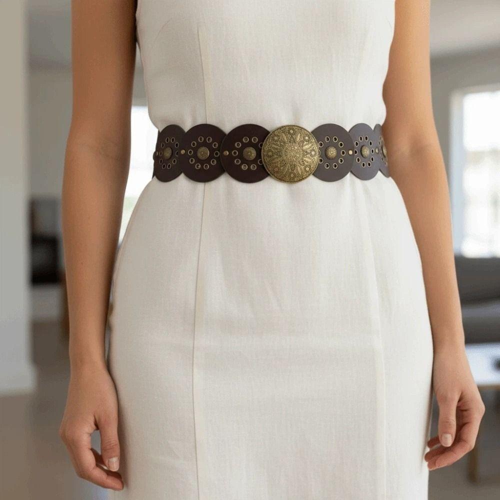 Zinc Zinc Alloy Ethnic Style Rivet Belt Y2K Disc PU Hollow Waistband Vintage Concho Wide Belt  Waist Seal