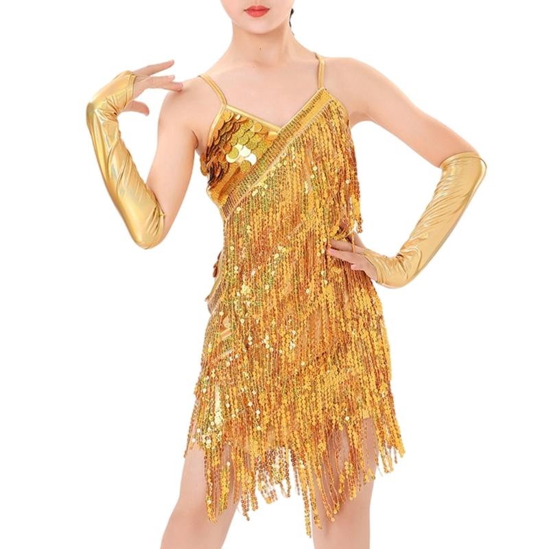 Latin Dance Dress Tassels Salsas Dancewear Sequins Fringe Dress Modern Ballroom Cha Cha Dancer Outfits for Kids Girls