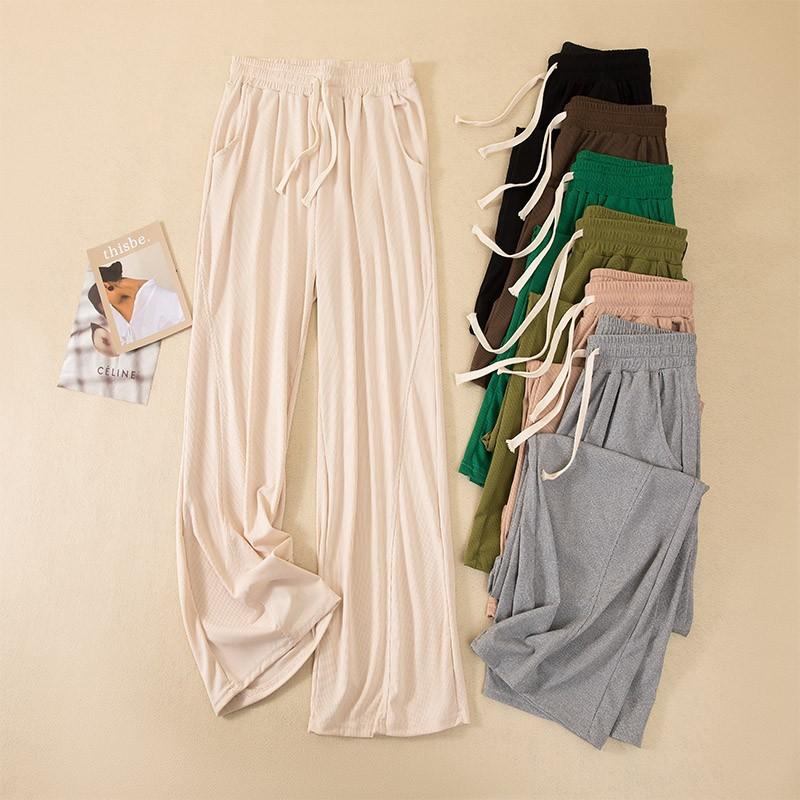 Women's Chic Solid Color Straight Pants With Pockets Elastic Waist Drawstring Wide Leg Trousers Casual Loose Pants Casual Lounge Yoga Pants