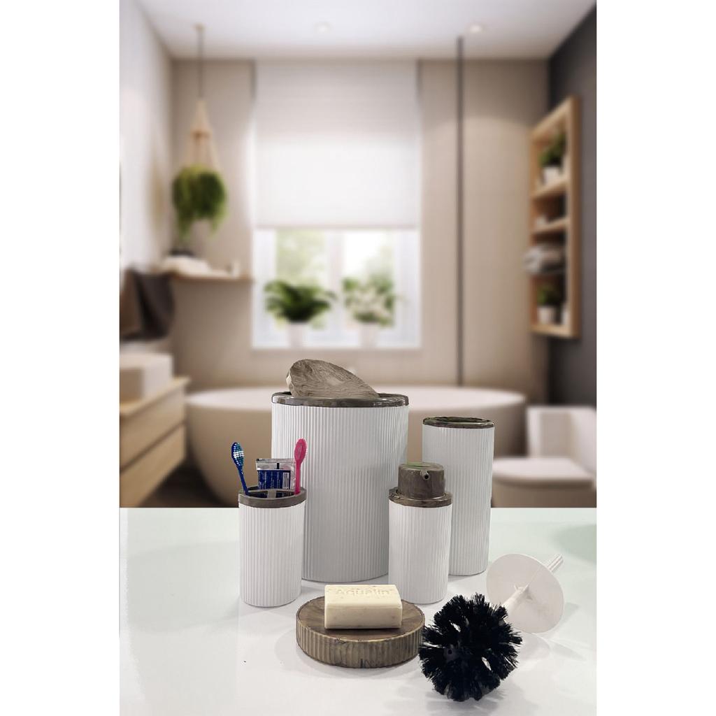 Auaro, набор из 5 круглых предметов для ванной комнаты, покрытый бамбуком в белые полоски