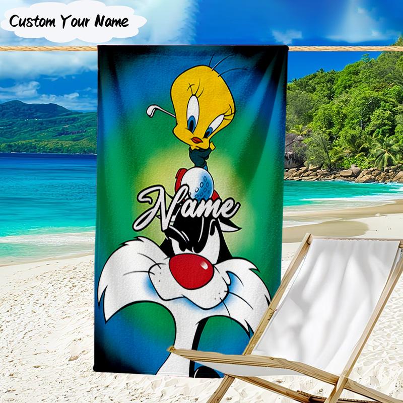 1PC Custom Name Cute Tweety-Bird Artwork Heart Beach Towel, Lightweight Quick-Dry for Man Woman, for Summer Travel, Swimming Pool Birthday Gift