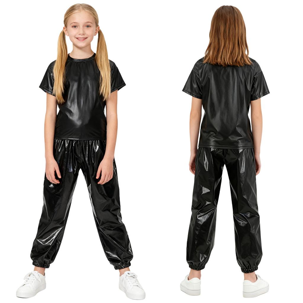 Children Stage Performance Outfit Kids Dance Party Costume Set Metallic Shiny T Shirt with Pants Unisex Ballet Jazz Wear