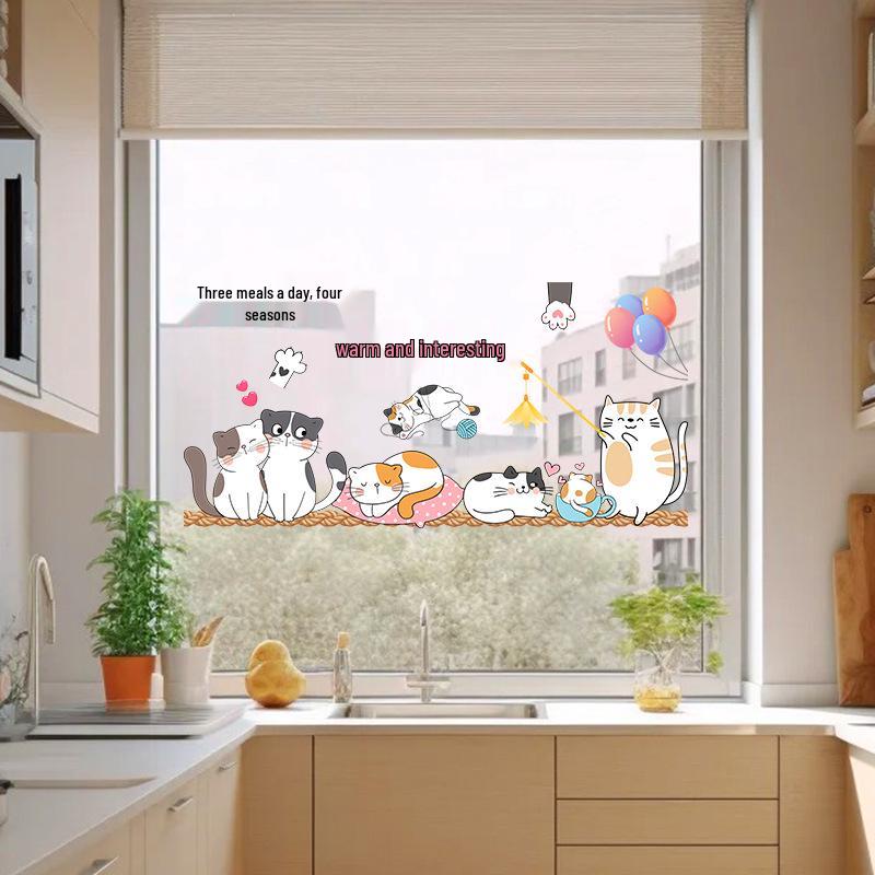 Милая Кошка Статичная Наклейка на Стекло - Без Клея, Цельный Лист для Раздвижных Дверей и Окон