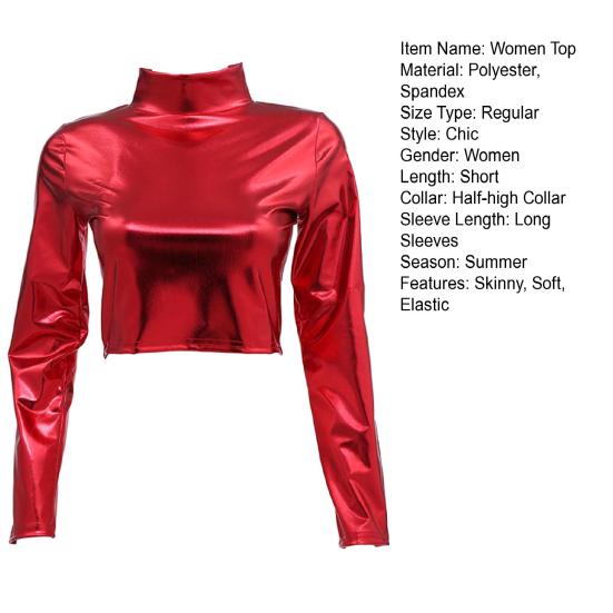 Женский клубный топ из глянцевой искусственной кожи с высоким воротником, однотонный, с открытой талией, с длинными рукавами, узкий пуловер, эластичный эластичный пуловер для ночного клуба, сценическое шоу, вечеринка
