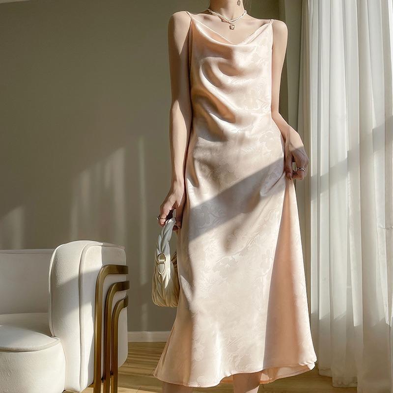 Silk Satin Spring Summer Ladies Swing Neck Jacquard Temperament Slimming Slip Dress with Silk Slip Slip Dress