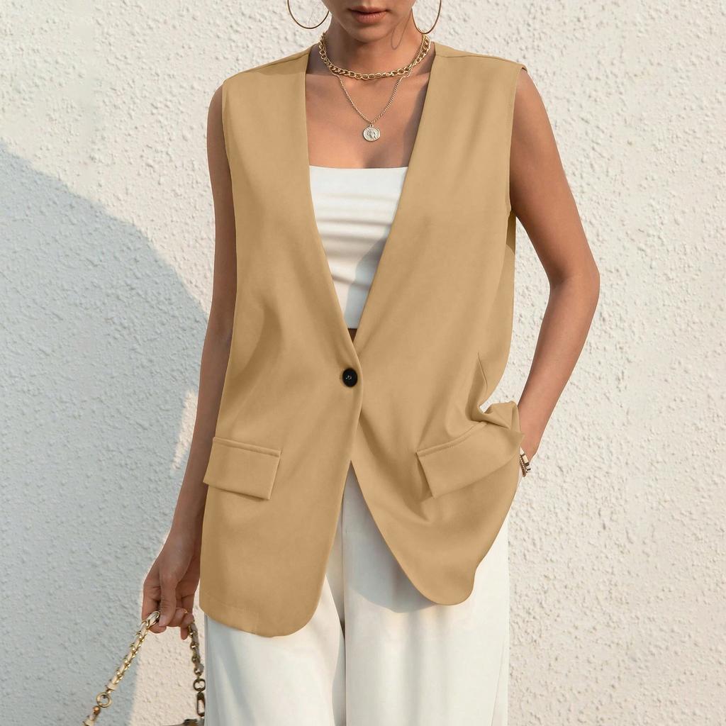 Ladies Summer Suit Jacket Work Casual Sleeveless V-Neck Single Button Solid Color Suit Vest