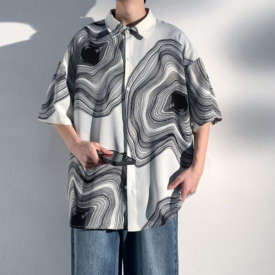 Летняя мужская рубашка в стиле ретро с абстрактным принтом и половиной рукавов в стиле хип-хоп, свободный контрастный цвет, однобортный отложной воротник, быстросохнущий мягкий дышащий топ