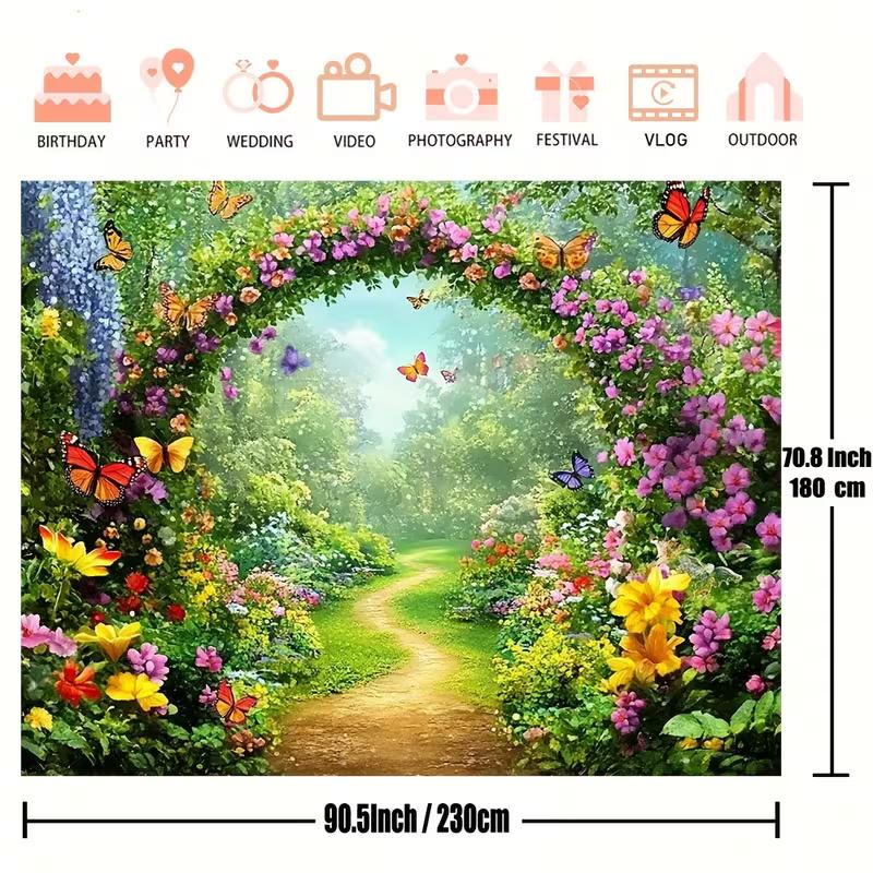 2D Flower Arch Backdrop, Enchanted Garden with Butterflies Photography Background for All Occasions