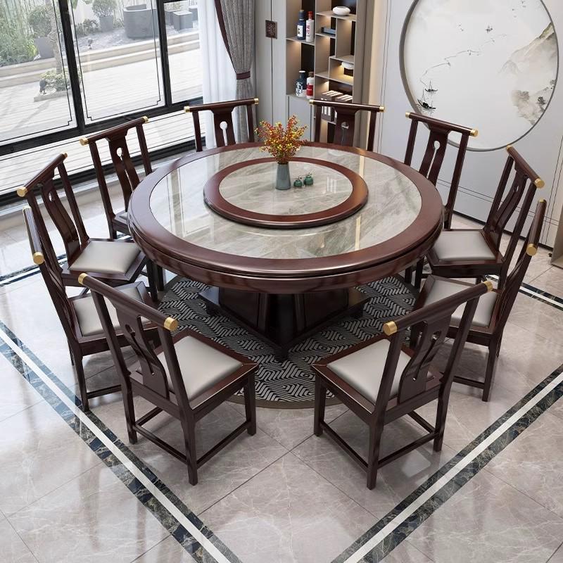 Modern Chinese Solid Wood Dining Set: 1.8m Round Table with Turntable and Chairs for Home or Hotel