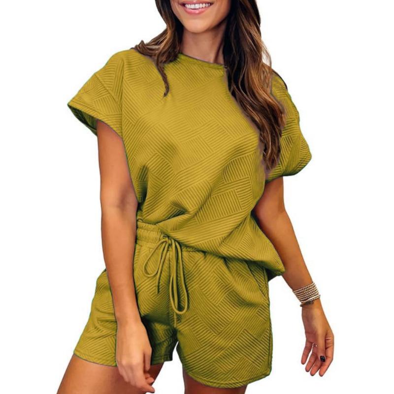 Однотонный топ с круглым вырезом и короткими рукавами для женщин, весна-лето, фактурная ткань, модные шорты, комплект для женщин, костюмы и комплекты для женщин