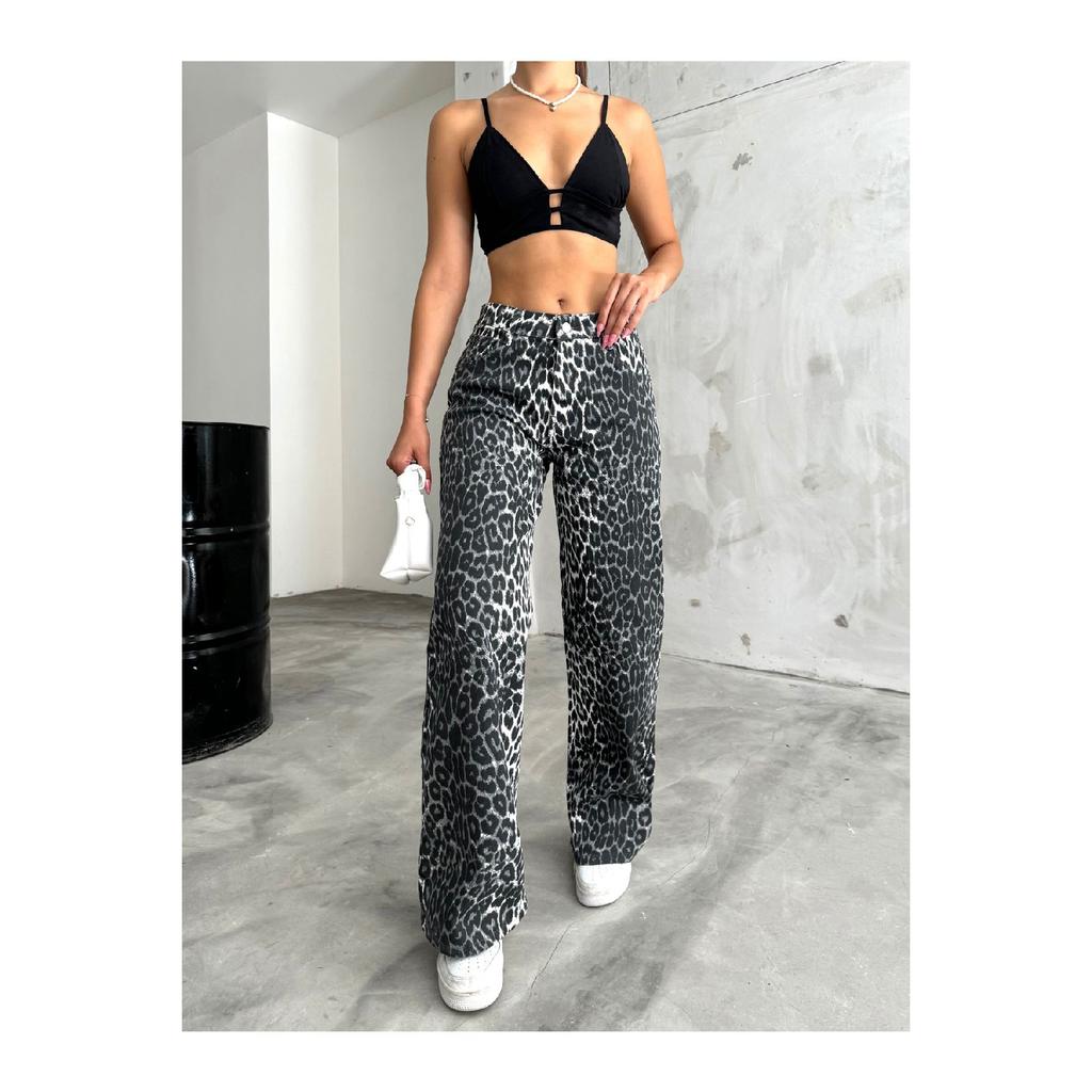 Women's Leopard Patterned High Waist Wide Leg Lycra Palazzo Pants