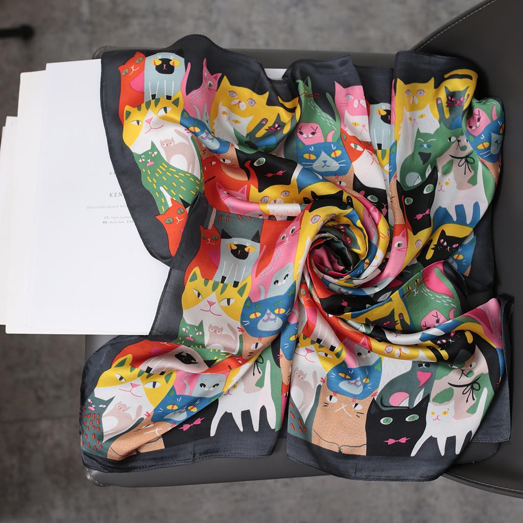 2021 Fashion 70*70cm Square Women Cat Anchor Silk Shawl Scarf Office Lady Hair Neck Headband Foulards Headcloth Muslim Hijab