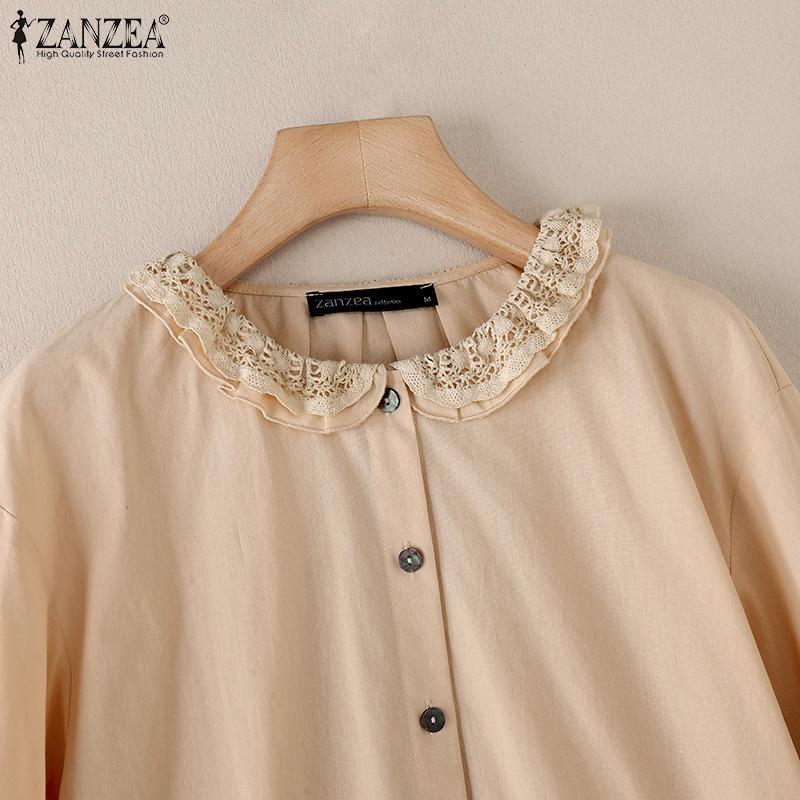 ZANZEA Womens Lace Splice Round Neck 3/4 Sleeve Loose Blouse