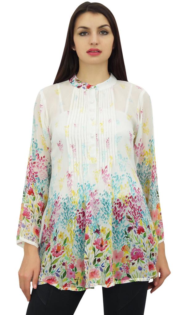 Phagun Women's White Digital Printed Shirt Pin Tucks Neck Tunic Top