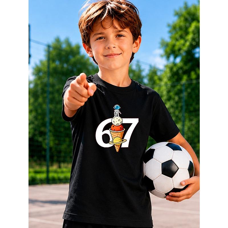 European sizes Number 67 Ice Cream Astronaut Boys' Short-Sleeve Children's Clothing, Short-Sleeve Comfortable Fashionable Boys' T-Shirt