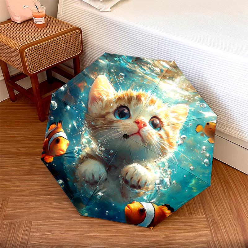 1 шт. Автоматический складной зонт - Узор "Кот и Рыба-Клоун", Портативный и складной дизайн с 8 спицами, Рождественские и Новогодние подарки