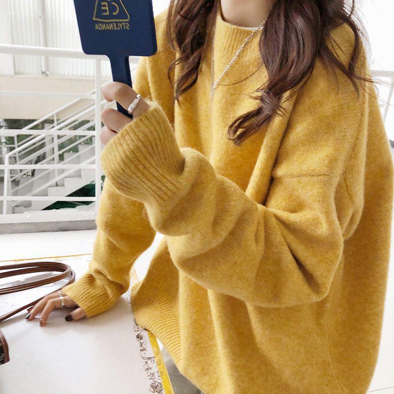 Женский вязаный свитер в ретро-стиле свободного кроя - Круглый вырез, однотонный, мягкий и плотный для сезона Осень/Зима 2025